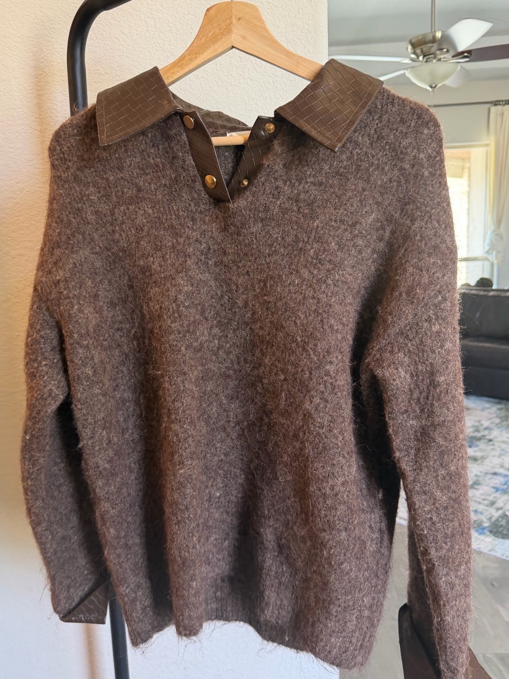 Men's Brown V-Neck Mohair-Blend Sweater with Contrast Trim